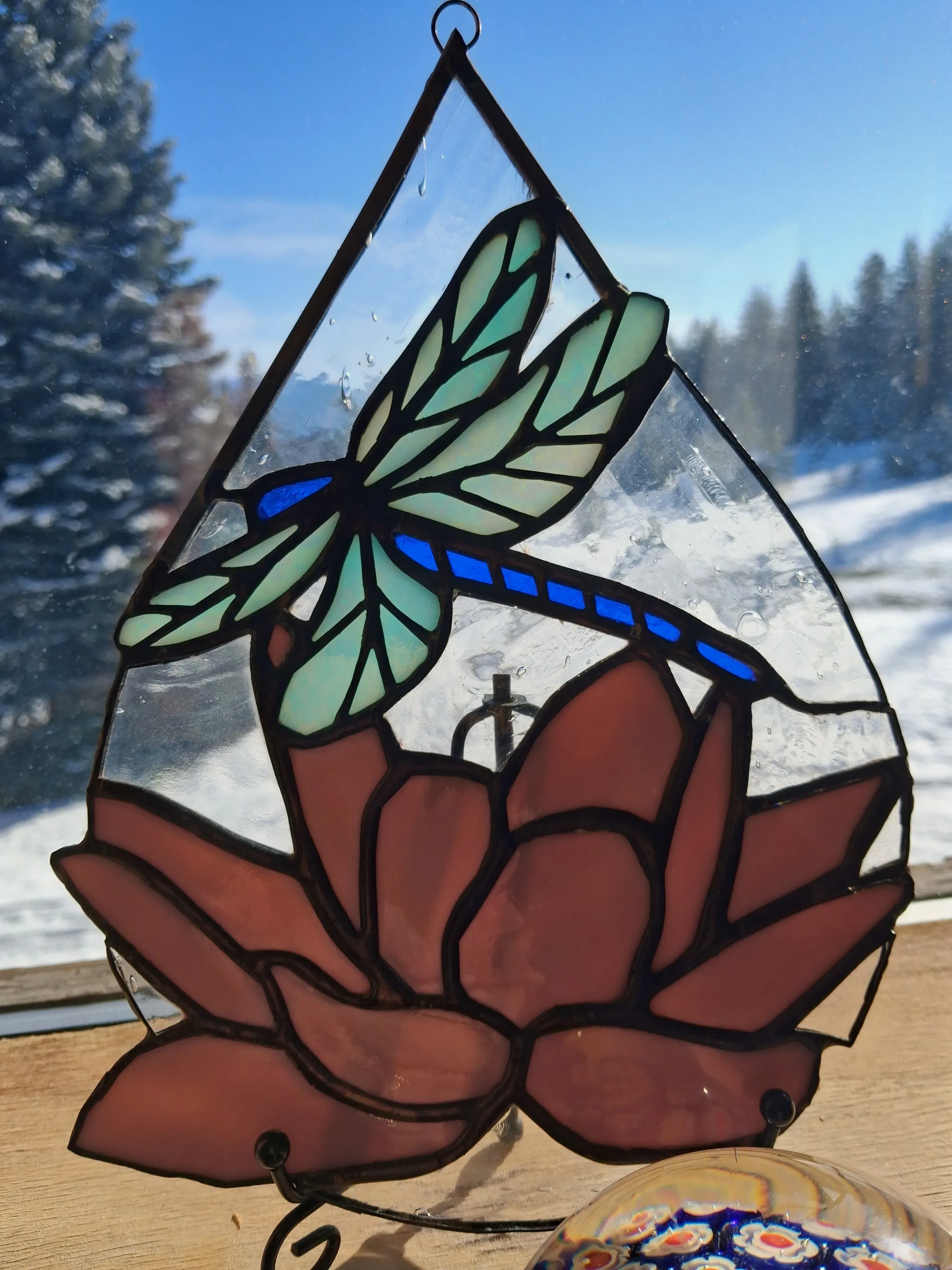 Stained glass dragonfly and pink lotus flower teardrop panel with clear textured glass