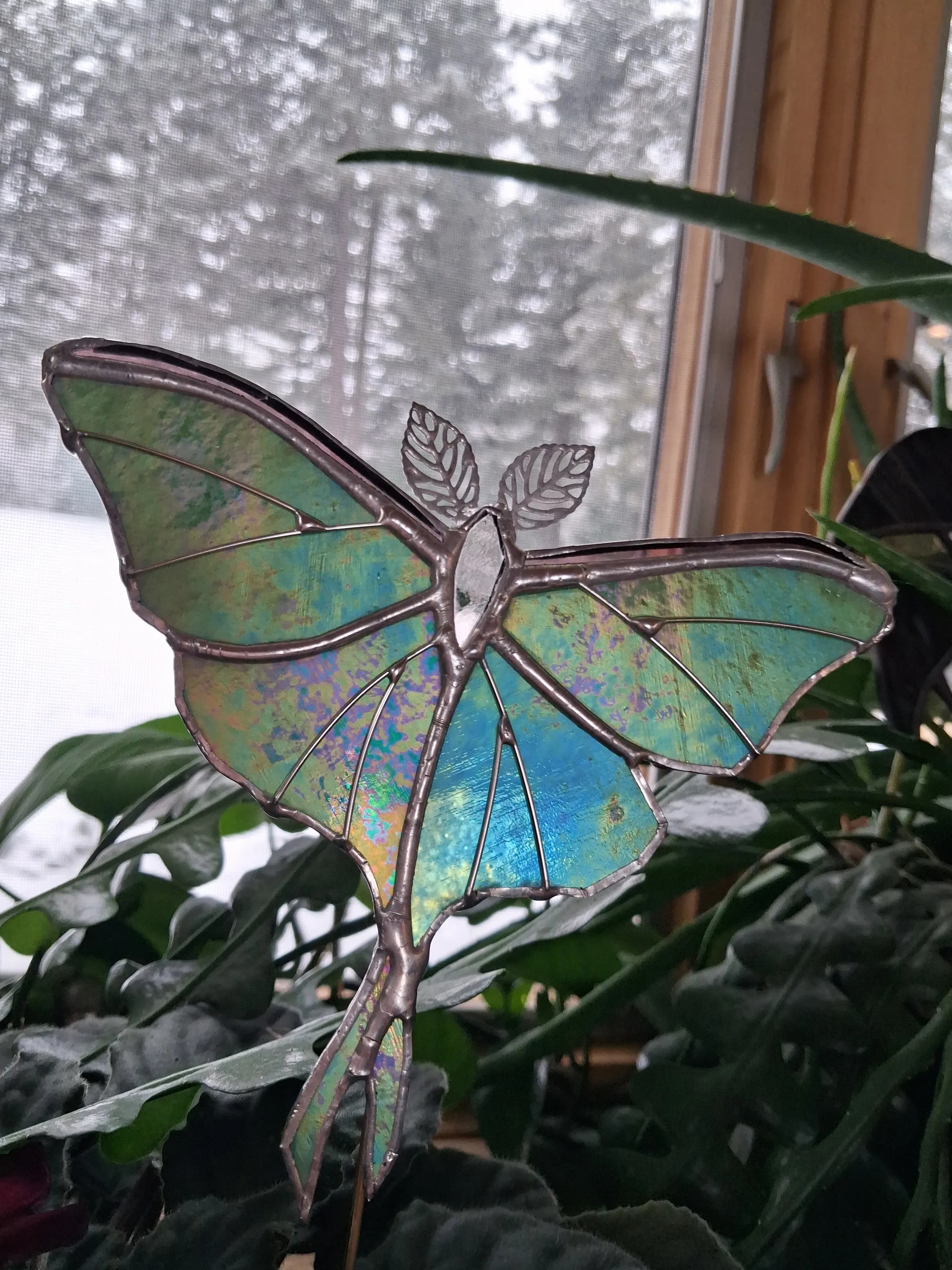 Iridescent butterfly stained glass plant stake among green houseplants
