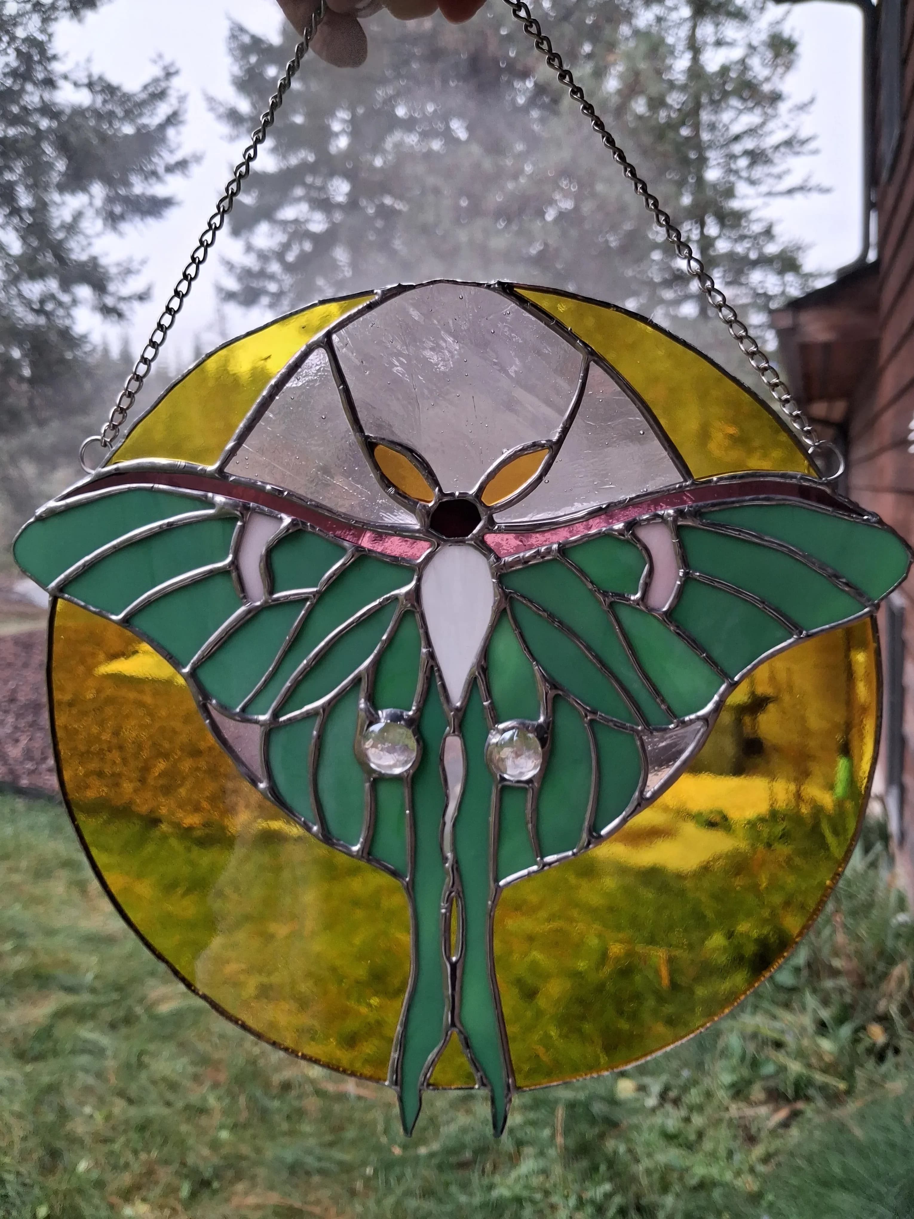Green luna moth stained glass sun catcher with golden crescent moon