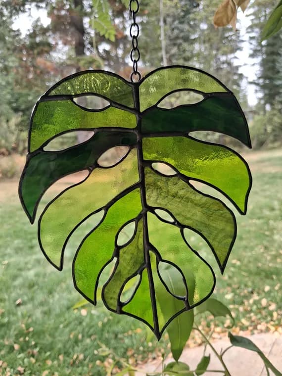 Hanging Monstera Leaf Suncatcher, Green Glass Shades